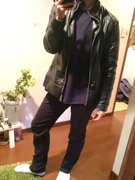 「AZUL（アズール）のアイテム（ライダースジャケット）」を使った、Chocolate🍫さん（メンズ・178cm）の冬コーディネート