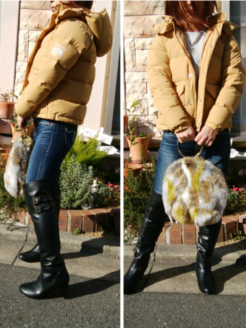 「カジュアルコーデ、シンプルコーデ、おしゃれさんと繋がりたい、デニムパンツ、パンツスタイル、大人カジュアル、ootd、ラフ、プチプラ、ママコーデ」｜「northfaceのアイテム（ダウンジャケット/コート、ブラウン系）」を使った、すもも-るさん（レディース・148cm）の冬コーディネートの1枚目の写真