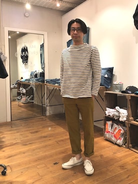 「アイテム（パンツ、イエロー系）」を使った、D_MALL 京都さん（メンズ・165cm）の春コーディネート