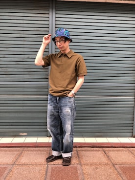 「アイテム（ポロシャツ、グリーン系）」を使った、D_MALL 京都さん（メンズ・165cm）の夏コーディネート