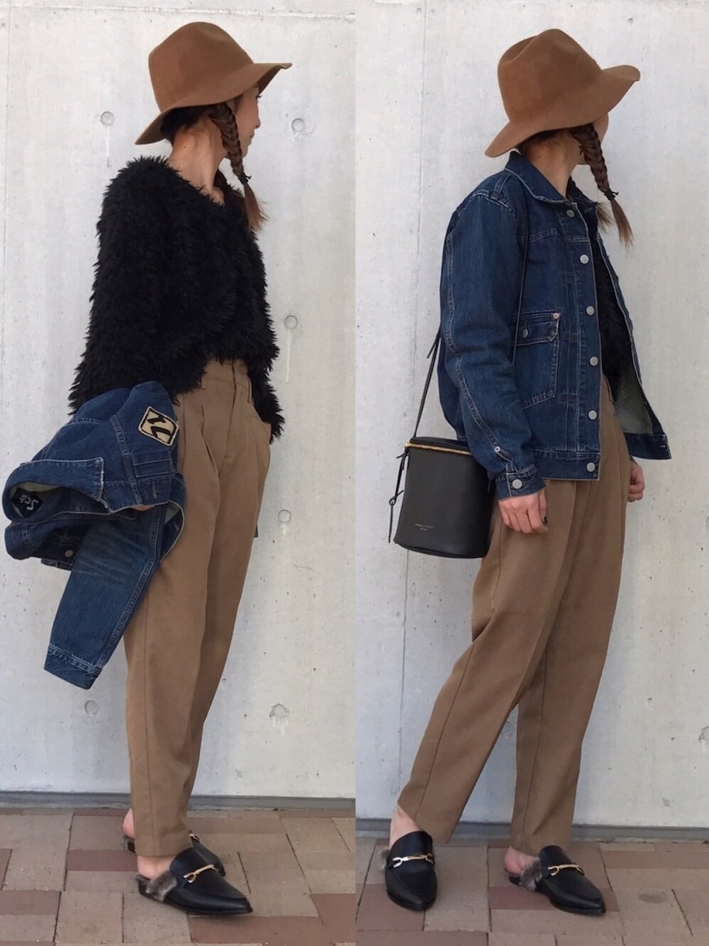 その他のニット/セーター、ブルー系のデニムジャケット、ブラウン系のその他パンツを着用したレディースの冬コーディネートの1枚目の写真