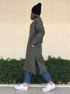 「GU（ジーユー）のアイテム（ニットキャップ/ビーニー）」を使った、ayaさん（レディース・161cm）の冬コーディネート