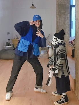 「Engineered Garments（エンジニアードガーメンツ）のアイテム（ベスト、ブルー系）」を使った、QueenCさん（レディース・177cm）の冬コーディネート