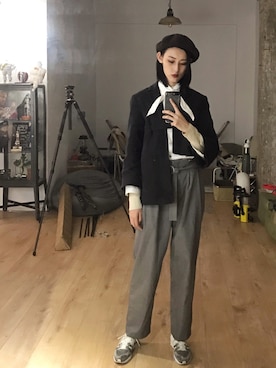 「KAPITAL（キャピタル）のアイテム（ハンチング/ベレー帽、ブラウン系）」を使った、QueenCさん（レディース・177cm）の春コーディネート