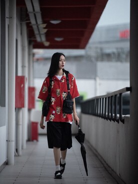 「Mountainfeverのアイテム（ベスト、ブラック系）」を使った、QueenCさん（レディース・177cm）の夏コーディネート