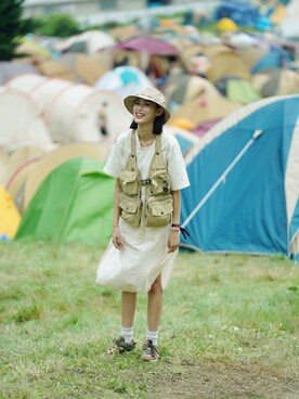 「Snow Peak（スノーピーク）のアイテム（スカート、ホワイト系）」を使った、QueenCさん（レディース・177cm）の秋コーディネート