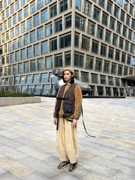 「meanswhile（ミーンズワイル）のアイテム（ベスト、グリーン系）」を使った、QueenCさん（レディース・177cm）の春コーディネート