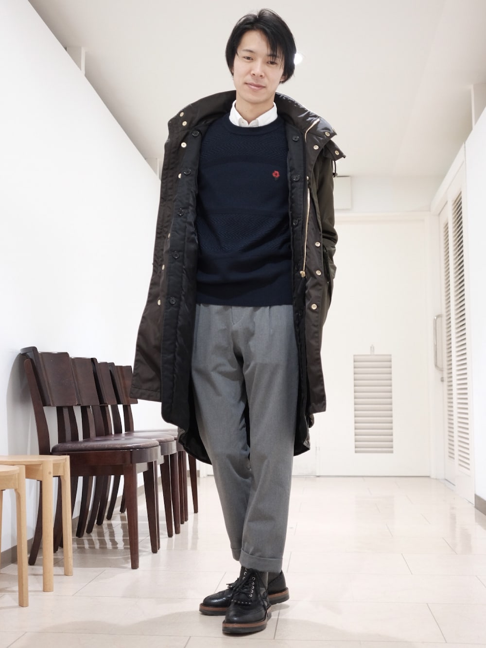 「カジュアルコーデ、クレストブリッジ、crestbridge、ブラックレーベルクレストブリッジ、モッズコート、カーキ」｜「BLACK LABEL CRESTBRIDGEのアイテム（ブーツ、ブラック系）」を使った、Y.Takiseさん（メンズ・175cm）の冬コーディネートの1枚目の写真