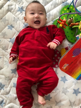 「アイテム（ロンパース、レッド系）」を使った、harurunmamaさん（キッズ・70cm）の夏コーディネート