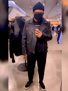 「H&M（エイチ・アンド・エム）のアイテム（ライダースジャケット）」を使った、snappykenzoさん（メンズ・160cm）の冬コーディネート