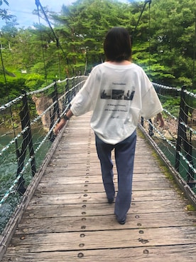 「JEANASIS（ジーナシス）の【Charity TEE】バックフォトプリントT/895008（Tシャツ/カットソー、ホワイト系）」を使った、xamさん（レディース・150cm）の夏コーディネート