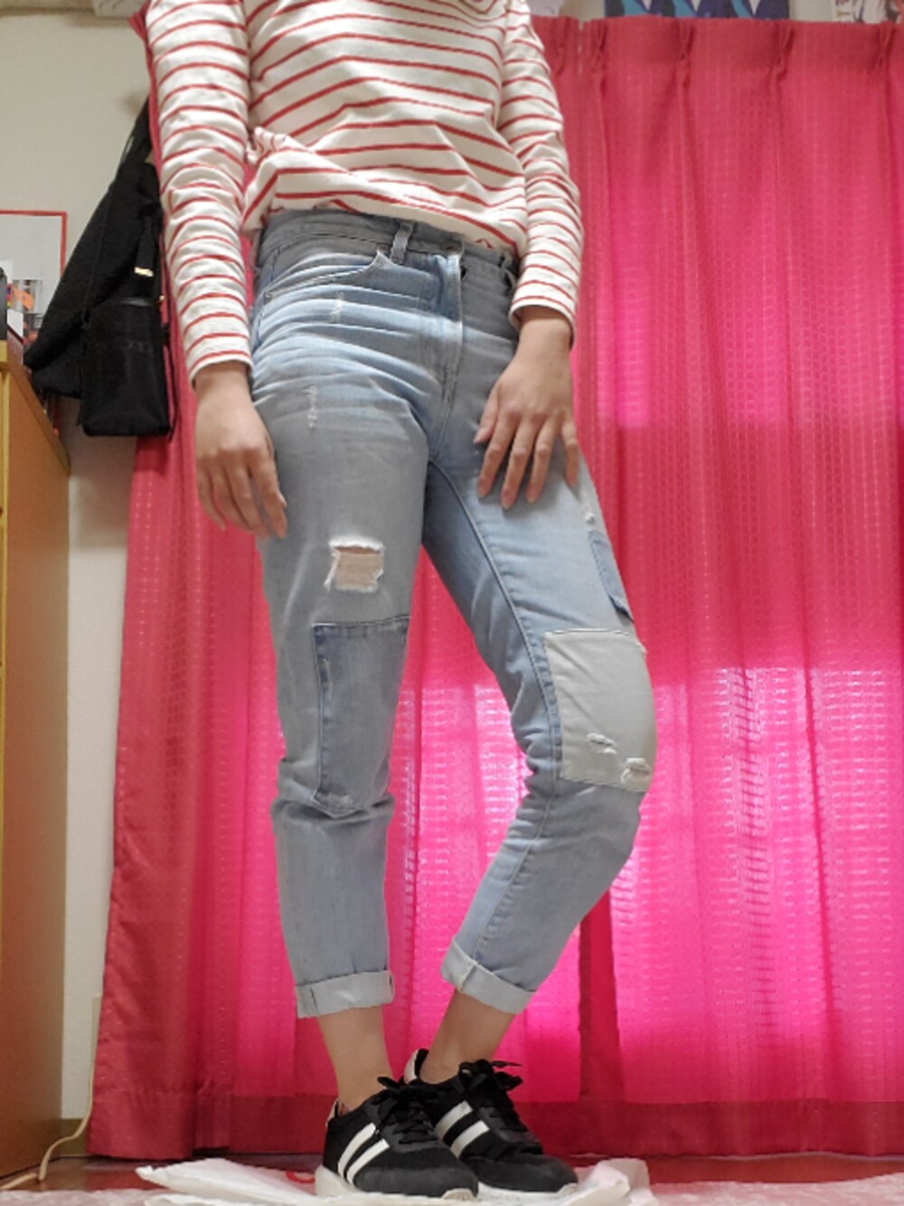 「UNIQLOのボーダーボートネックT（長袖）（Tシャツ/カットソー、レッド系）」を使った、ちぱさん（レディース・160cm）の春コーディネートの1枚目の写真
