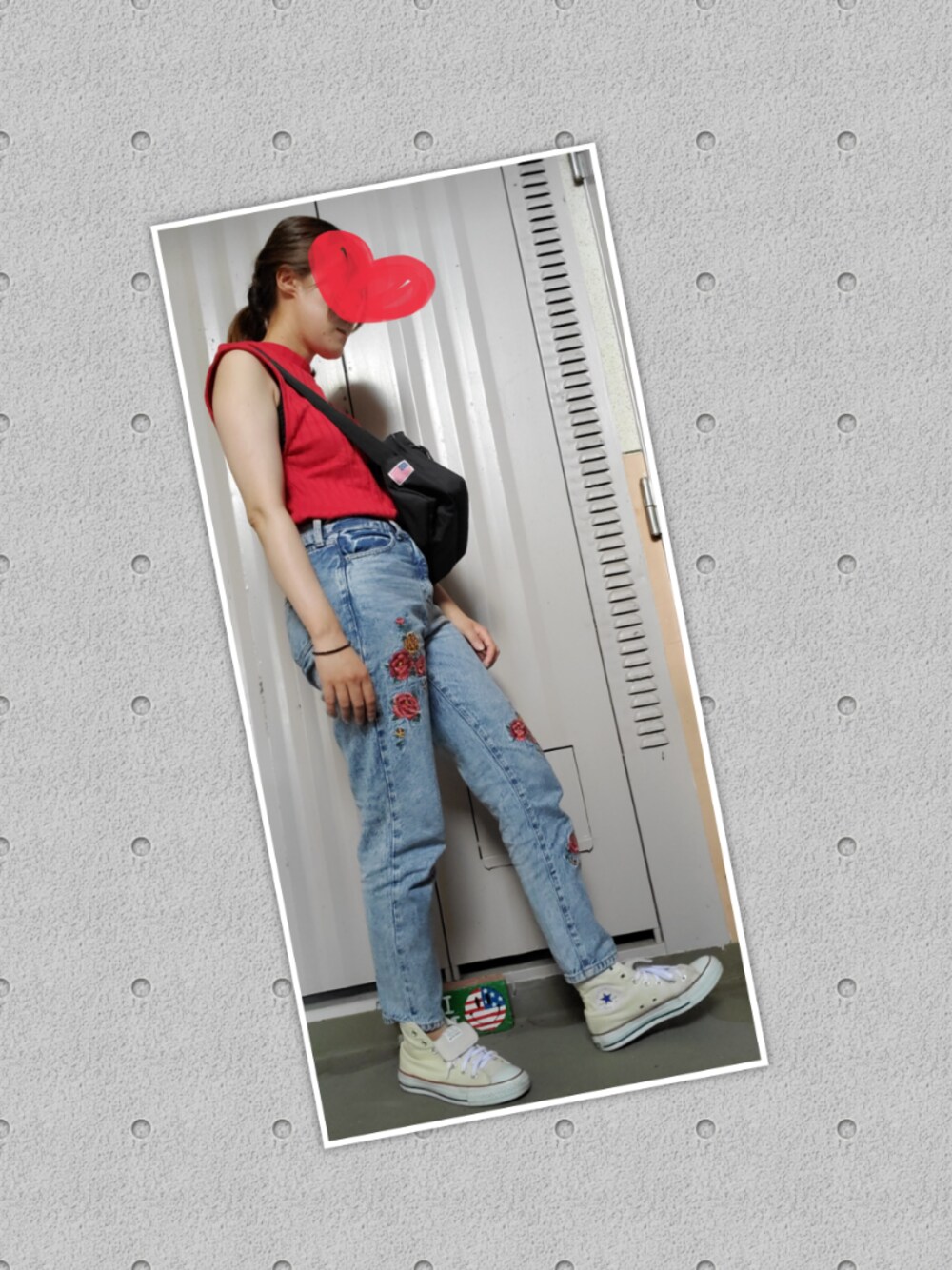 「JEANASISのリブロングFS/795194（Tシャツ/カットソー、レッド系）」を使った、ちぱさん（レディース・160cm）の夏コーディネートの1枚目の写真