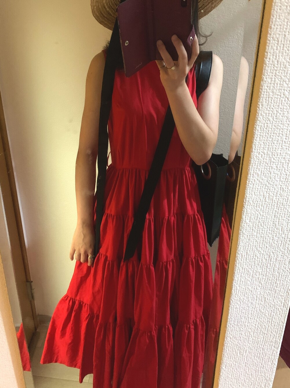 「foufou、夏、夏コーデ」｜「foufouのアイテム（ワンピース/ドレス、レッド系）」を使った、なこさん（レディース・158cm）の夏コーディネートの1枚目の写真