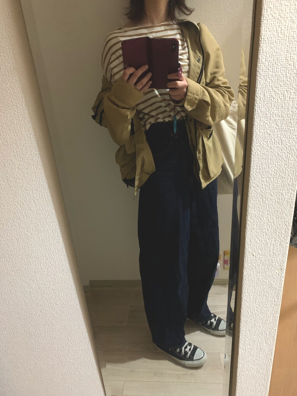 「ootd、rokubeauty&youth」｜「6の＜6(ROKU)＞BORDER SLIT SLEEVE PULLOVER/プルオーバー（Tシャツ/カットソー、ベージュ系）」を使った、なこさん（レディース・158cm）の春コーディネートの1枚目の写真