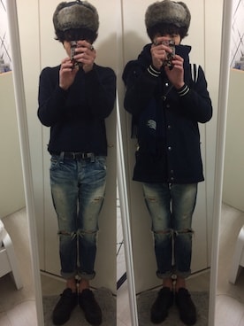 「Rodeo Crowns（ロデオクラウンズ）のアイテム（デニムパンツ）」を使った、藤枝蘭丸さん（メンズ・175cm）の冬コーディネート