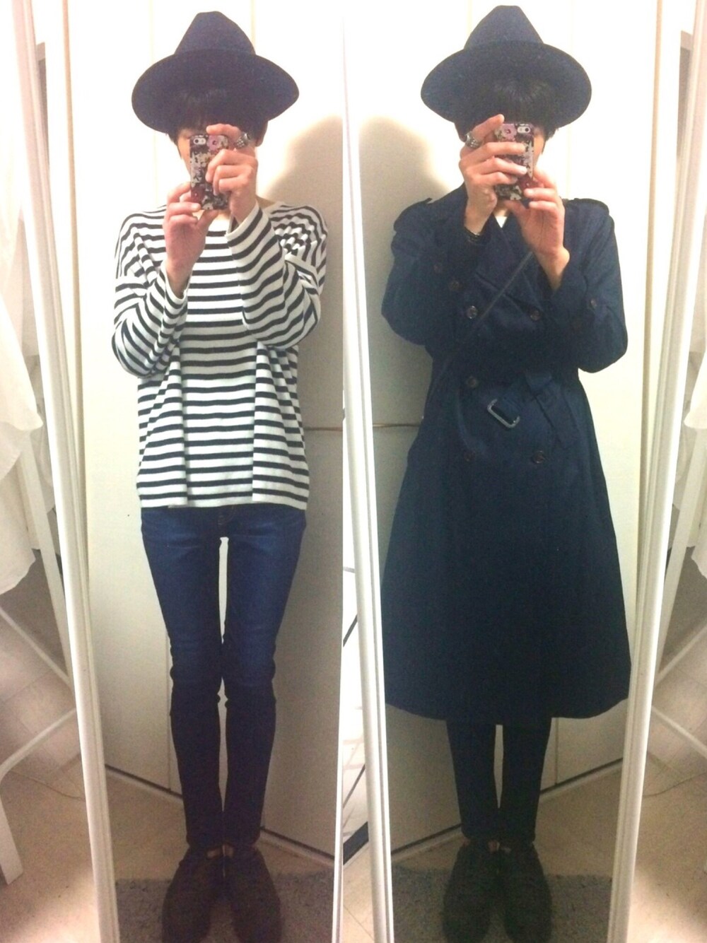 ブルー系のニット/セーター、ブルー系のトレンチコート、ブルー系のデニムパンツを着用したメンズの春コーディネートの1枚目の写真