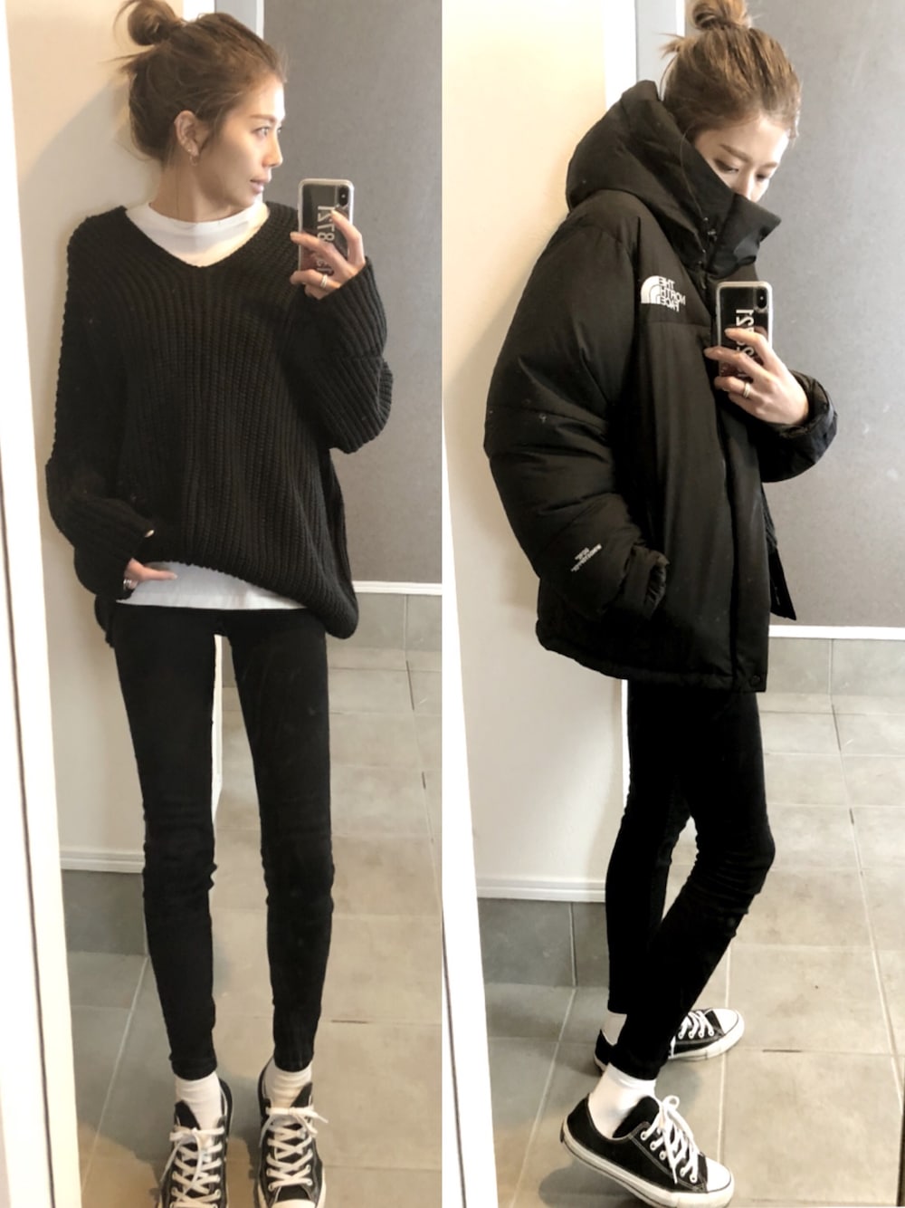 「ノースフェイス、THE NORTH FACE、大人カジュアル、ootd、ブラック、シンプルコーデ、カジュアルコーデ、ママコーデ、冬コーデ、コンバース」｜「THE NORTH FACEのTHE NORTH FACE/ノースフェイス BALTRO LIGHT JACKET/バルトロ ライト ジャケット（ダウンジャケット/コート、ブラック系）」を使った、sayakaさん（レディース・166cm）の冬コーディネートの1枚目の写真