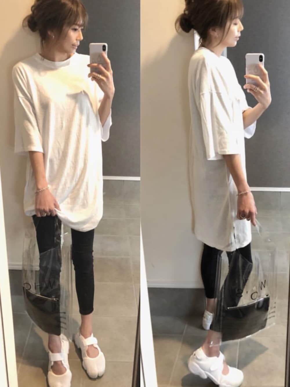 「dholic、オトナカジュアル、休日コーデ、ラフ、夏、プチプラ、Tシャツ、ママコーデ、ナイキ、ラクチンコーデ」｜「DHOLICのサイドスリットビッグシルエットTシャツワンピース（ワンピース、ホワイト系）」を使った、sayakaさん（レディース・166cm）の春コーディネートの1枚目の写真