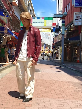 「ISAMU KATAYAMA BACKLASH（イサムカタヤマバックラッシュ）のアイテム（ローファー）」を使った、輝さん（メンズ・173cm）の夏コーディネート