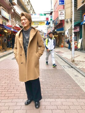 「ISAMU KATAYAMA BACKLASH（イサムカタヤマバックラッシュ）のアイテム（ベスト）」を使った、輝さん（メンズ・173cm）の冬コーディネート