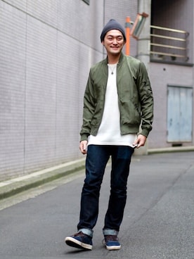 「ノーカラージャケット」｜「アイテム（MA-1）」を使った、TaKさん（メンズ・178cm）の冬コーディネート