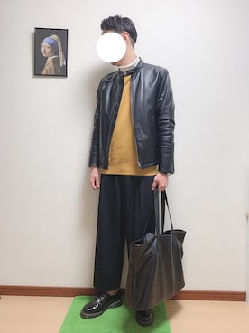 「ドレスシューズ」｜「アイテム（ライダースジャケット）」を使った、WINさん（メンズ・172cm）の冬コーディネート