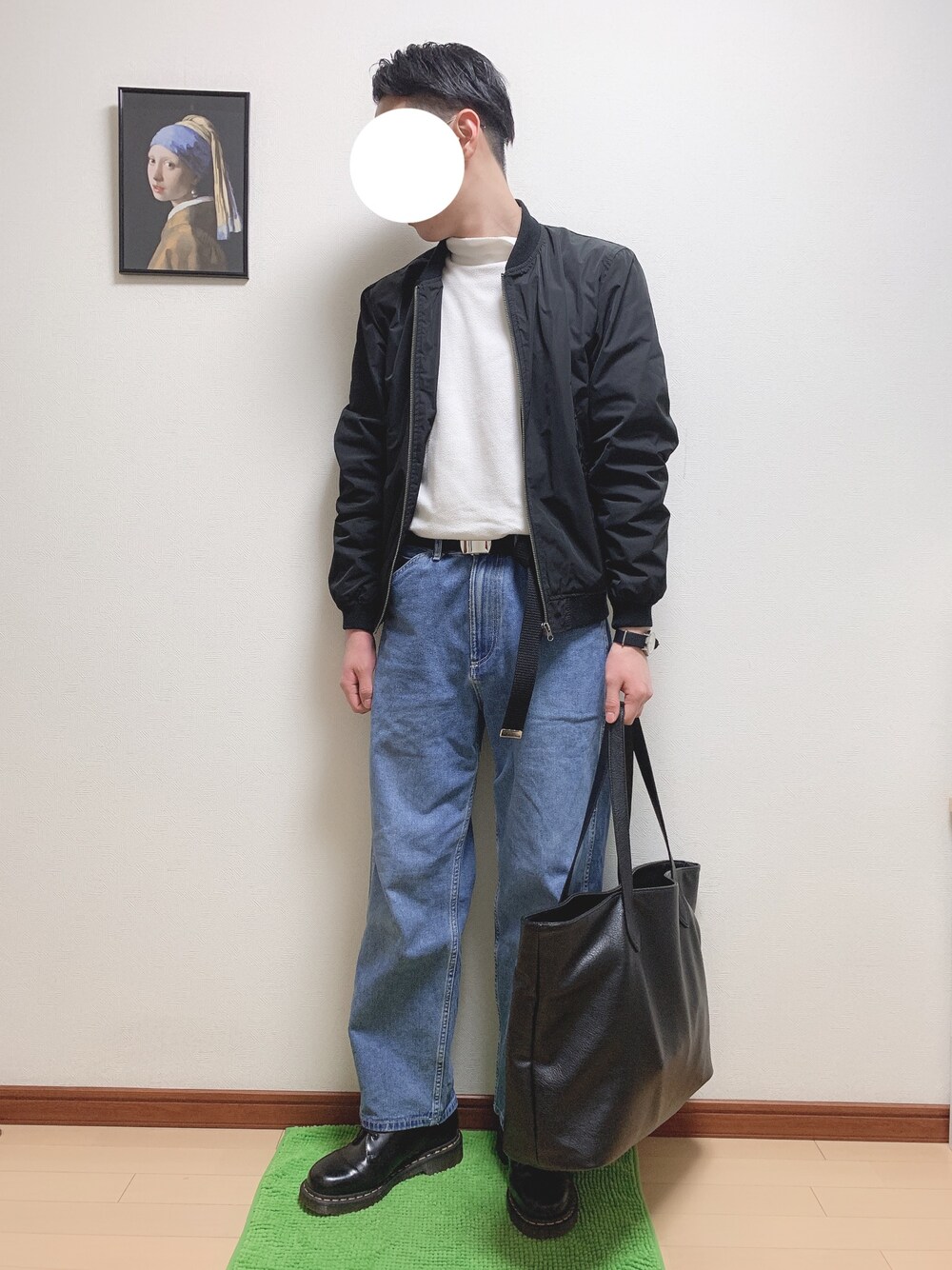「GU、UNIQLO、WEGO、GLOBAL WORK、TIMEX、MA-1、フリース、プチプラ、Dr.Martens、ガチャベルト」｜「GUのアイテム（MA-1、ブラック系）」を使った、WINさん（メンズ・172cm）の冬コーディネートの1枚目の写真