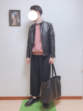 「coen」｜「アイテム（ライダースジャケット）」を使った、WINさん（メンズ・172cm）の春コーディネート