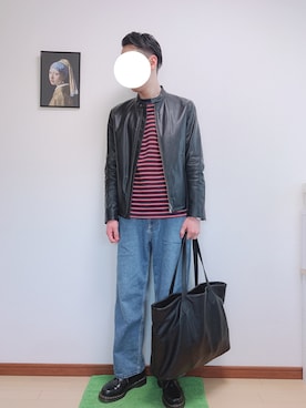 「coen」｜「アイテム（ライダースジャケット）」を使った、WINさん（メンズ・172cm）の春コーディネート