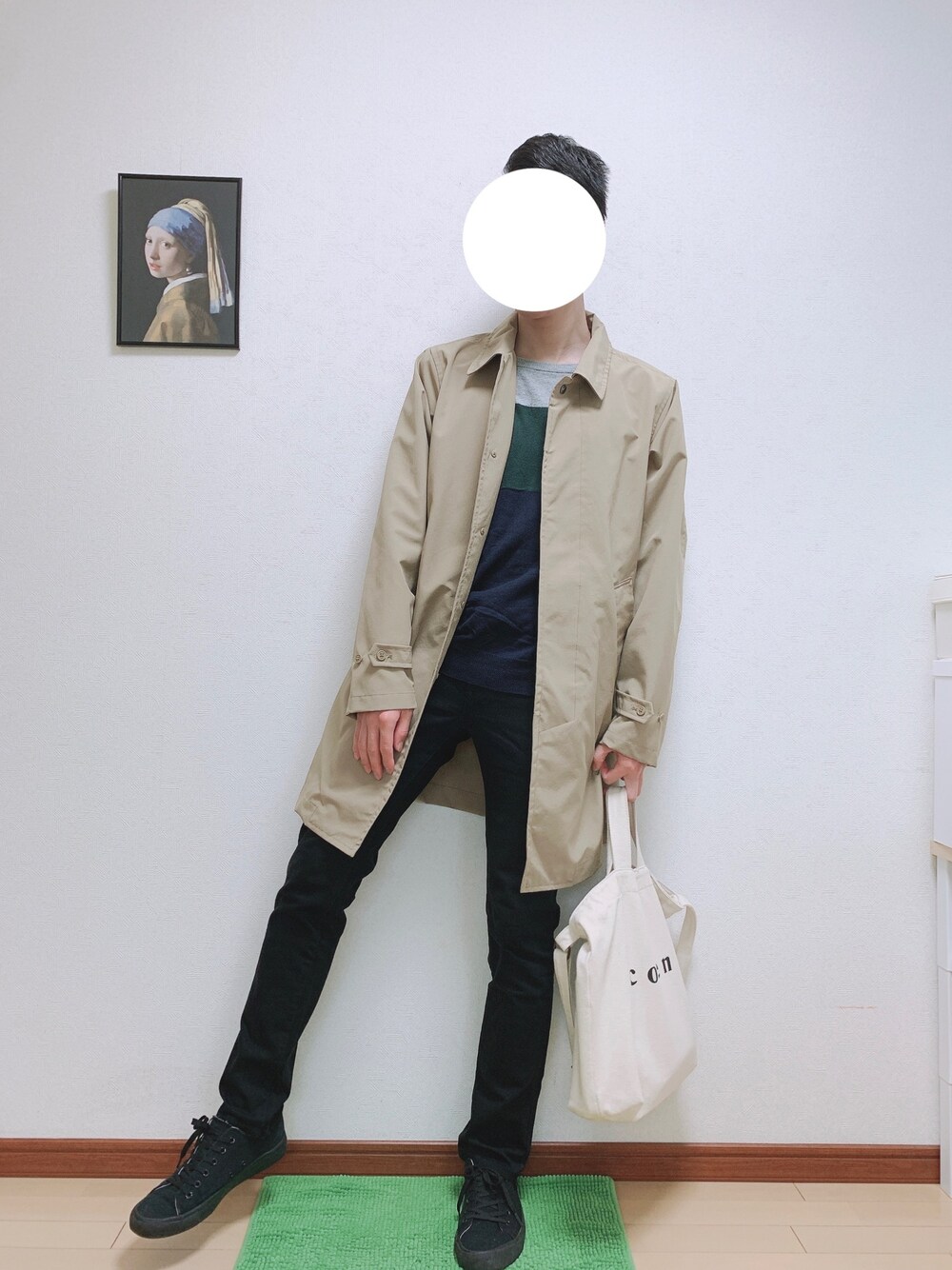 「ステンカラーコート、coen、TIMEX、EDWIN、GU、GLOBAL WORK、JINS、ニット、スキニー、トートバッグ」｜「JINSの【JINS CLASSIC -Metal-】メタル（メガネ、ゴールド系）」を使った、WINさん（メンズ・172cm）の秋コーディネートの1枚目の写真