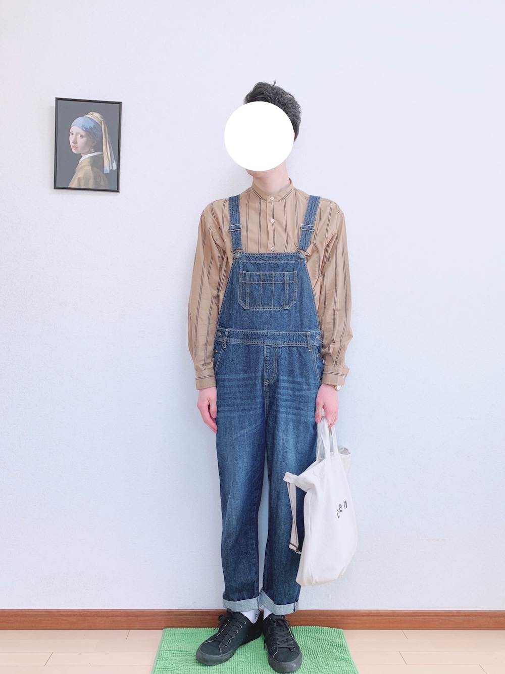 「coen、しまむら、GU、JINS、TIMEX、ストライプ、オーバーオール、サロペット、スニーカー、トートバッグ」｜「JINSの【see-through combination】（メガネ、ブラウン系）」を使った、WINさん（メンズ・172cm）の春コーディネートの1枚目の写真