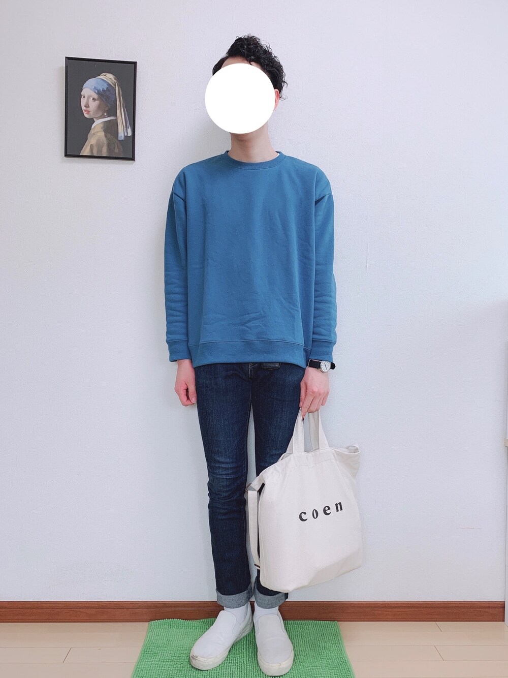 「coen、JINS、GU、TIMEX、ヒラキ、UNIQLO、スウェット、スキニーデニム、トートバッグ、スリッポン」｜「JINSの【see-through combination】（メガネ、ブラウン系）」を使った、WINさん（メンズ・172cm）の春コーディネートの1枚目の写真
