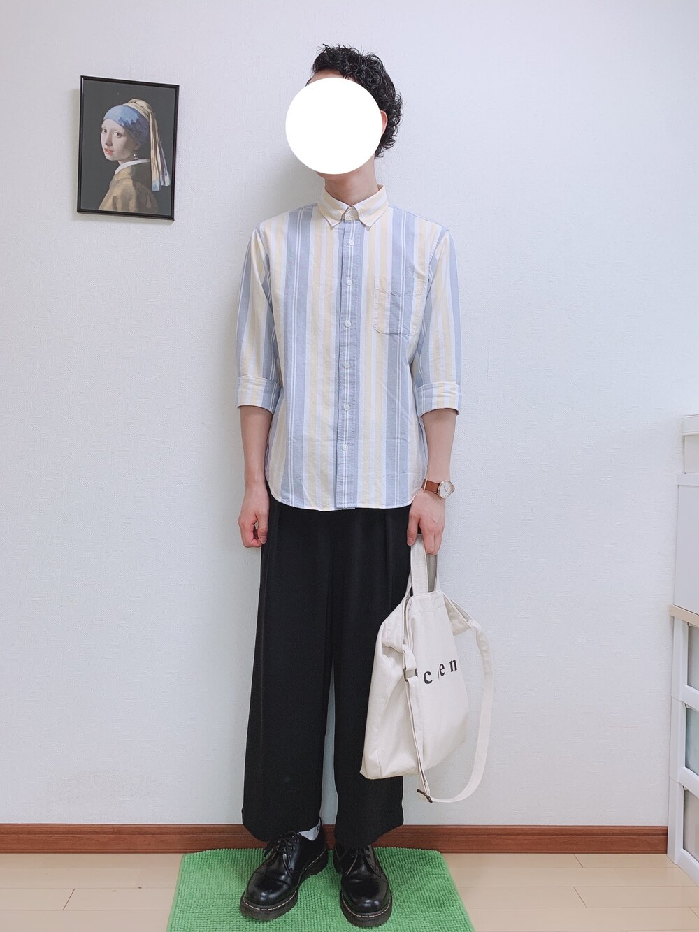 「coen、JINS、UNIQLO、TIMEX、Dr.Martens、GU、ストライプ、トートバッグ、ワイドパンツ、春コーデ」｜「JINSの【Konstantin Grcic OPTICAL】コンスタンティン・グルチッチ メガネ ラウンド（メガネ、ブラック系）」を使った、WINさん（メンズ・172cm）の春コーディネートの1枚目の写真