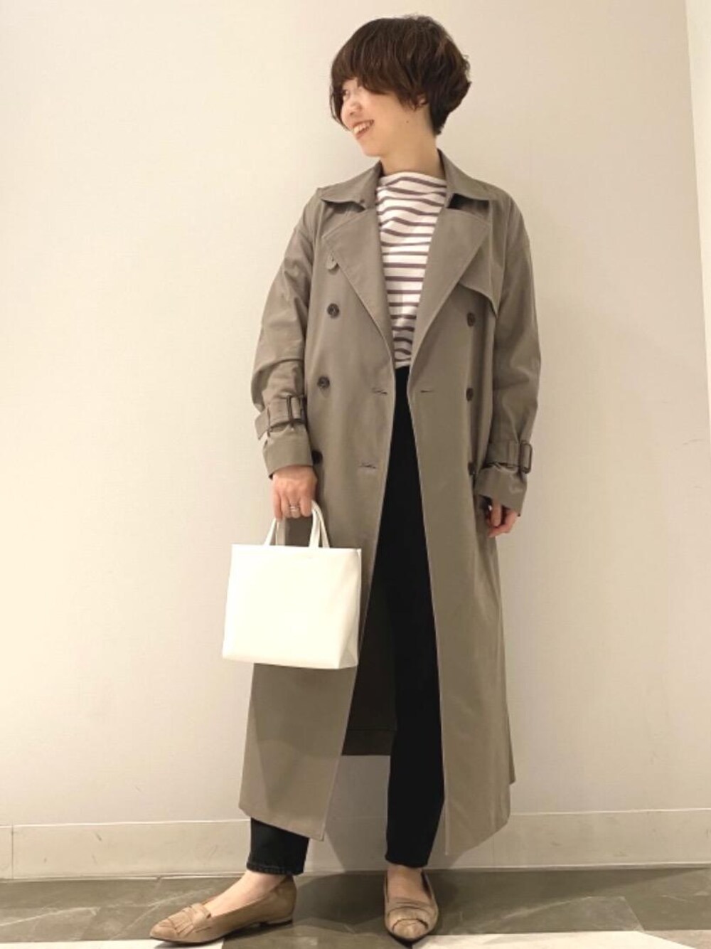 「大人カジュアル、casual、春コートスタイル、くすみカラー、Denim styling、under155、1_OF MINE、一押しのアウタースタイル」｜「green label relaxingの◆model NO.00◆ FFC ポインテッド キルト フラットパンプス（パンプス、ベージュ系）」を使った、kiryu_tさん（レディース・153cm）の冬コーディネートの1枚目の写真