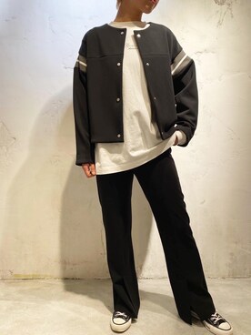 「スリットパンツ」｜「アイテム（ノーカラージャケット）」を使った、Ginghamさん（レディース・162cm）の冬コーディネート