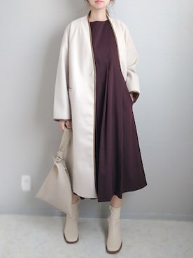 「アイテム（ノーカラーコート、ベージュ系）」を使った、yu.さん（レディース・165cm）の秋コーディネート