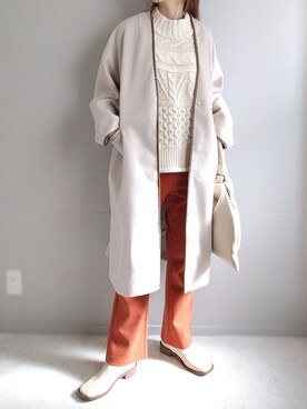 「ニットベスト」｜「アイテム（ノーカラーコート）」を使った、yu.さん（レディース・165cm）の秋コーディネート