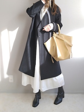 「KBF（ケイビーエフ）のアイテム（ノーカラーコート）」を使った、yu.さん（レディース・165cm）の冬コーディネート