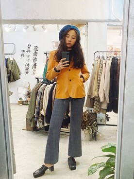 「アイテム（ムートンコート、オレンジ系）」を使った、Amanさん（レディース・164cm）の秋コーディネート