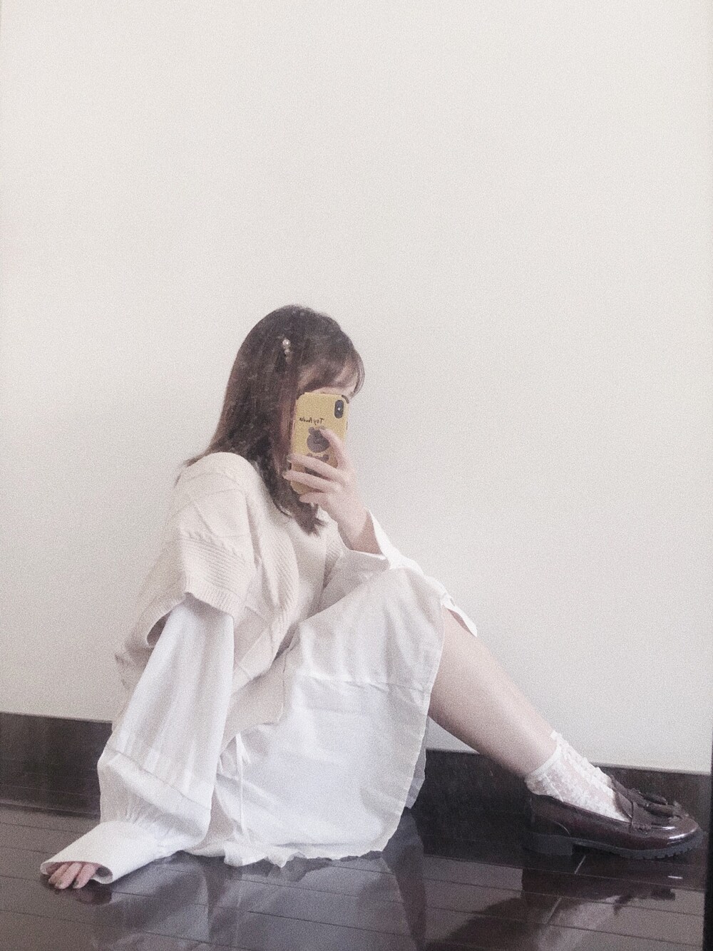 「ootd、春コーデ、休日スタイル」｜「one after another NICE CLAUPのバックリボンケーブルニットベスト（ベスト、ホワイト系）」を使った、inrinさん（レディース・152cm）の春コーディネートの1枚目の写真
