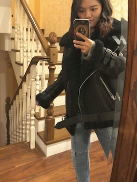 「Acne Studios（アクネストゥディオズ）のアイテム（ライダースジャケット）」を使った、KKさん（レディース・160cm）の冬コーディネート