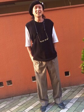 「グレンチェック」｜「アイテム（ハンチング/ベレー帽）」を使った、浅野 允利さん（メンズ・177cm）の夏コーディネート
