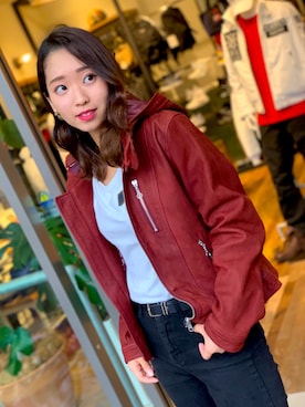 「バーガンディー」｜「アイテム（ライダースジャケット）」を使った、Hikaruさん（レディース・155cm）の秋コーディネート
