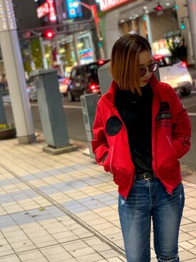 「red」｜「アイテム（ミリタリージャケット）」を使った、Hikaruさん（レディース・155cm）の冬コーディネート