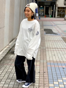 「NEW ERA（ニューエラ）の【×NEW ERA】ベーシック カフ ニットキャップ AC刺繍/BASIC CUFF KNIT CAP EMBROIDERY AC（ニットキャップ/ビーニー）」を使った、Hikaruさん（レディース・156cm）の秋コーディネート