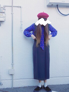「ボウタイブラウス」｜「アイテム（ハンチング/ベレー帽）」を使った、Yotchさん（レディース・163cm）の冬コーディネート