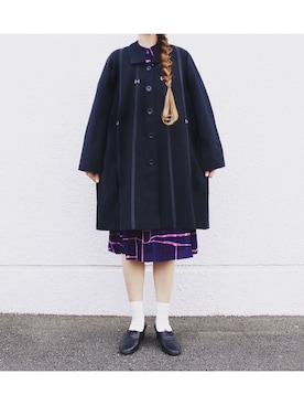 「レトロワンピース」｜「アイテム（ステンカラーコート）」を使った、Yotchさん（レディース・163cm）の秋コーディネート
