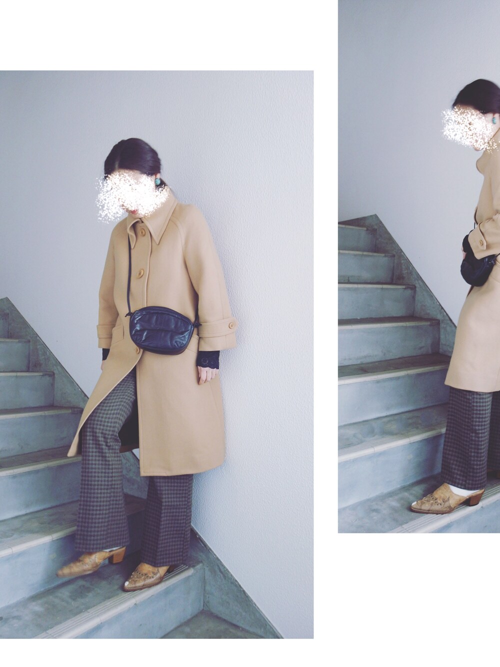 「メルカリ、古着、レトロ、レトロコーデ、ロングコート、スラックス、チェックパンツ、70年代、大人古着、古着コーデ」｜「古着のアイテム（ジャケット/アウター、ベージュ系）」を使った、Yotchさん（レディース・163cm）の冬コーディネートの1枚目の写真
