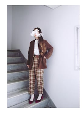 「古着女子」｜「アイテム（ノーカラージャケット）」を使った、Yotchさん（レディース・163cm）の冬コーディネート